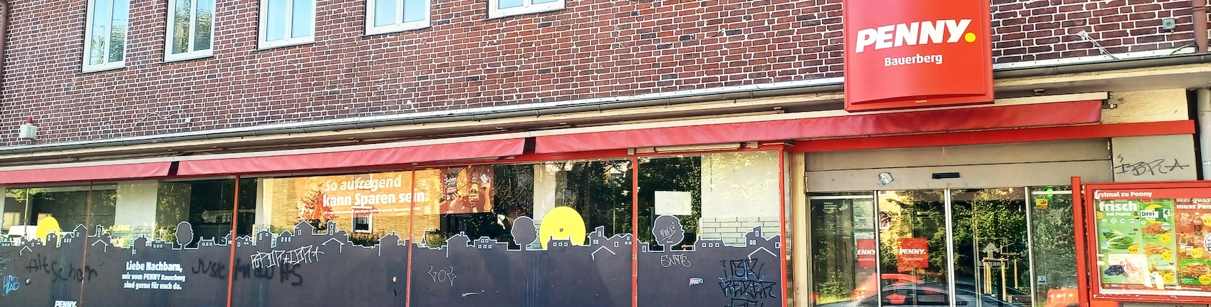 Sie sehen den Eingang vom Penny Markt in Hamburg/Horn, Bauerberg 20