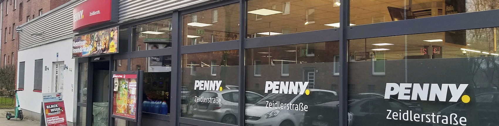 Sie sehen den Eingang vom Penny Markt in Hamburg/Wilhelmsburg, Zeidlerstr.21-23