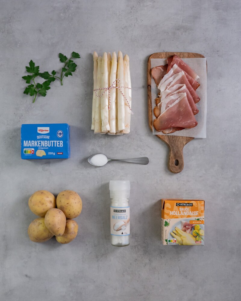 Auf diesem Bild siehst du die Zutaten für unseren leckeren Spargel.