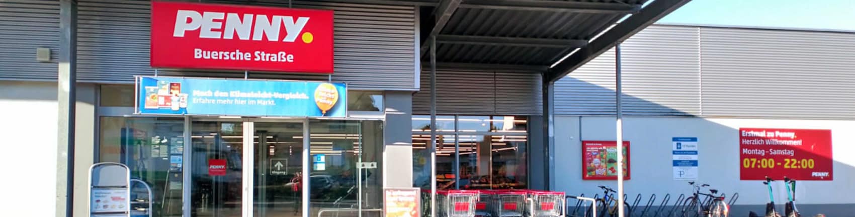 Sie sehen den Eingang vom Penny Markt in Osnabrück, Buersche Straße 135