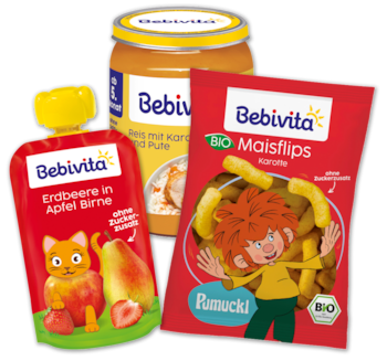 BEBIVITA Glaskost, Quetschen und Maissnacks