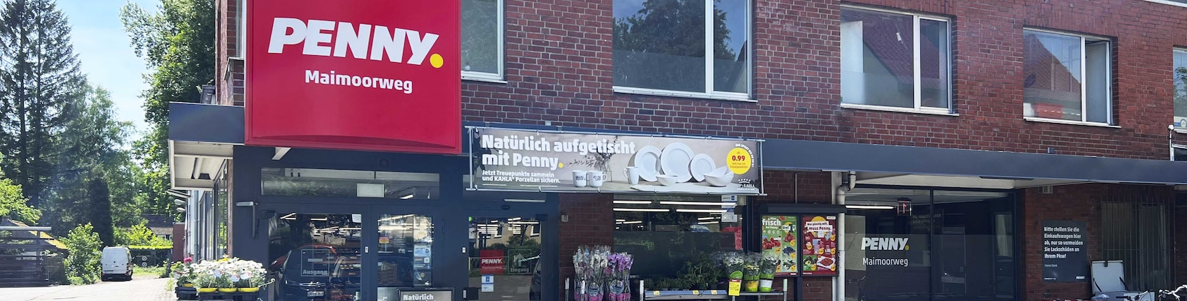 Sie sehen den Eingang vom Penny Markt in Hamburg/Bramfeld, Maimoorweg 46