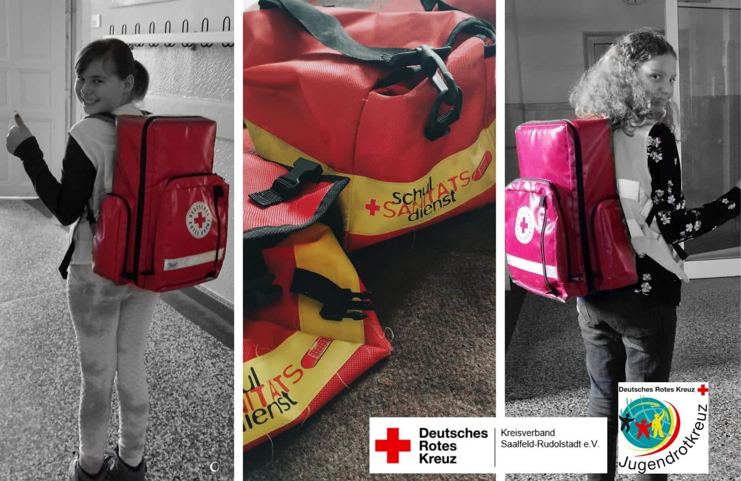 Kinder tragen stolz den Schulsanitaetsdienst-Rucksack
