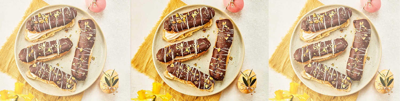 Dieses Bild zeigt die fertigen Éclairs mit Eierlikörsahne.