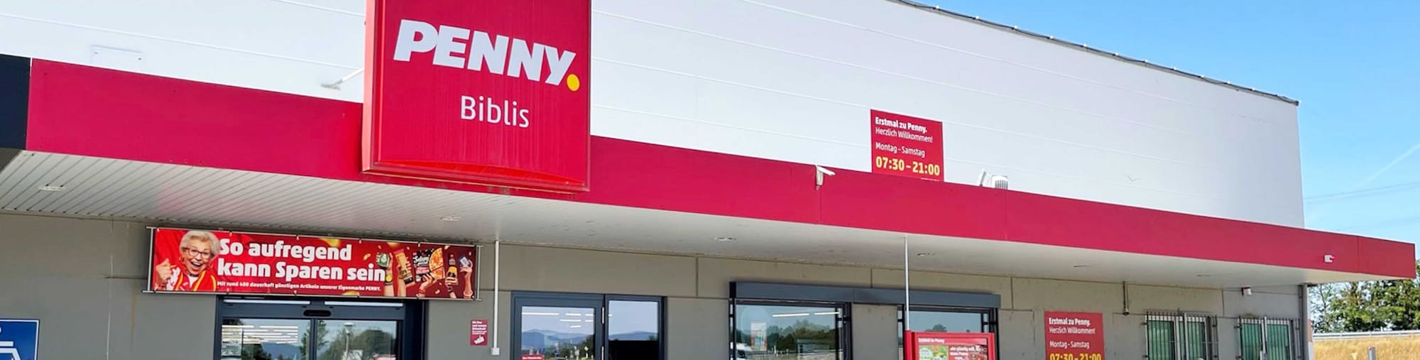 Sie sehen den Eingang vom Penny Markt in Biblis, Darmstaedter Str. 150