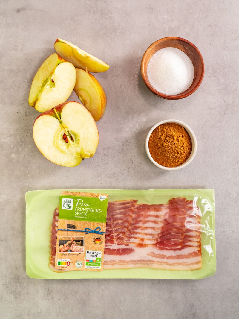 Dieses Bild zeigt die Zutaten für die Apfel-Bacon-Bonbons.
