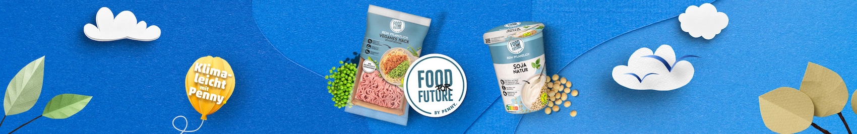 Produktfotos der Penny Eigenmarke Food for Future und das Logo: "Klimaleicht mit Penny." vor einem blauen Hintergrund.