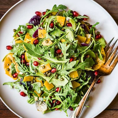Salat mit geröstetem Butternut Rucola, Linsen und Granatapfelkernen