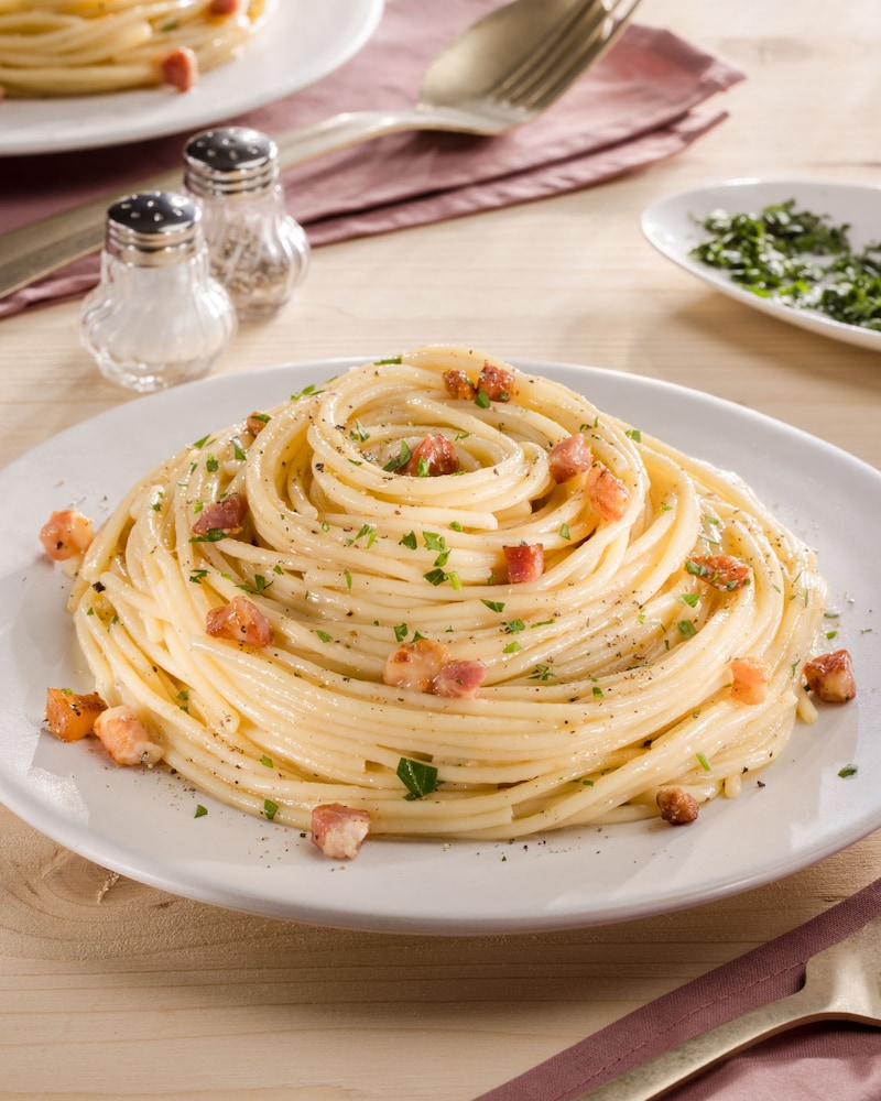 Diese Bild zeigt die fertige Spaghetti Cabonara.