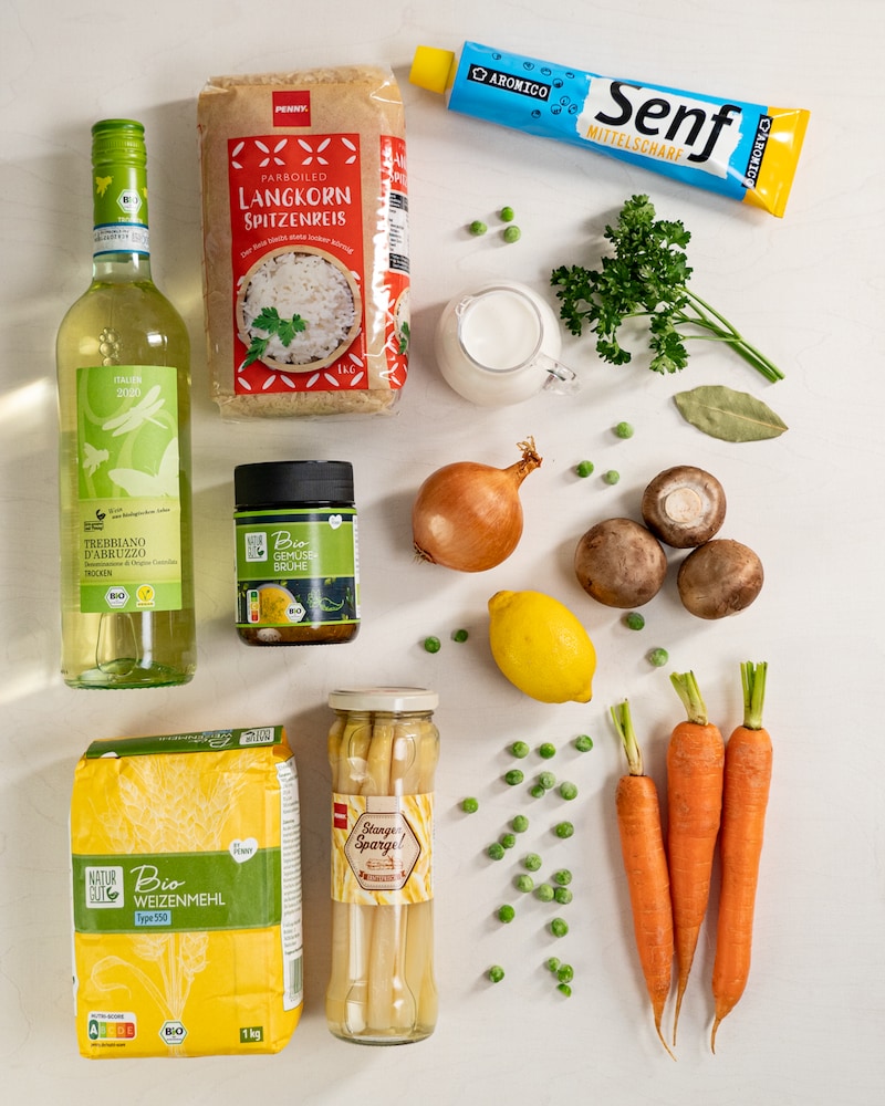 Auf diesem Bild siehst du alle Zutaten für Mo Müllers Veganes „Frikassee”.