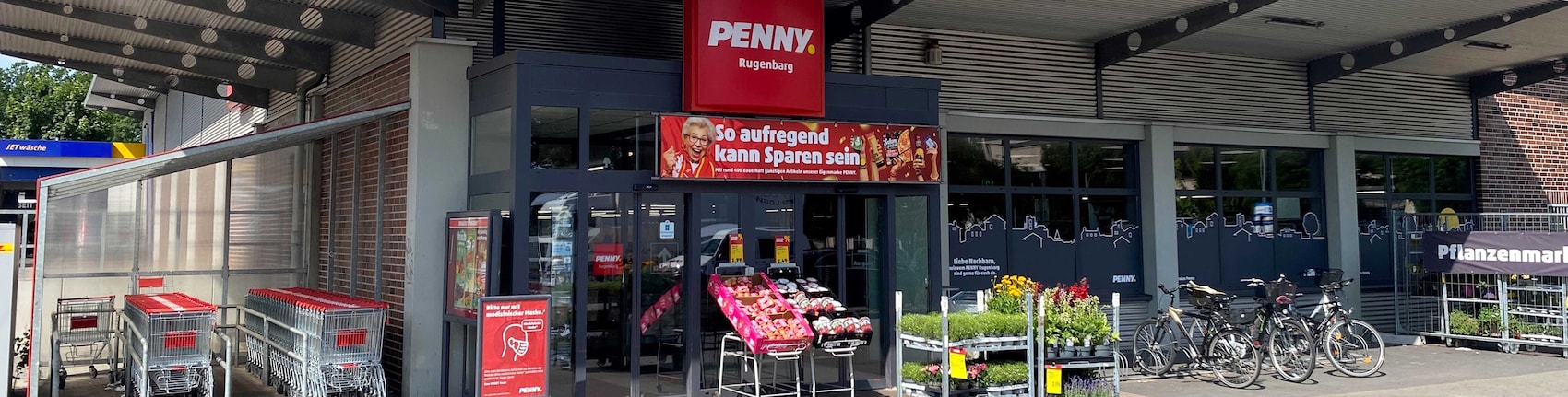 Sie sehen den Eingang vom Penny Markt in Hamburg/Osdorf, Rugenbarg 85-87