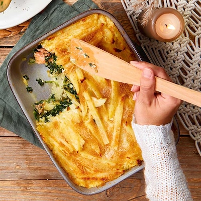 Kartoffelauflauf mit Spinat und Lachsfilet