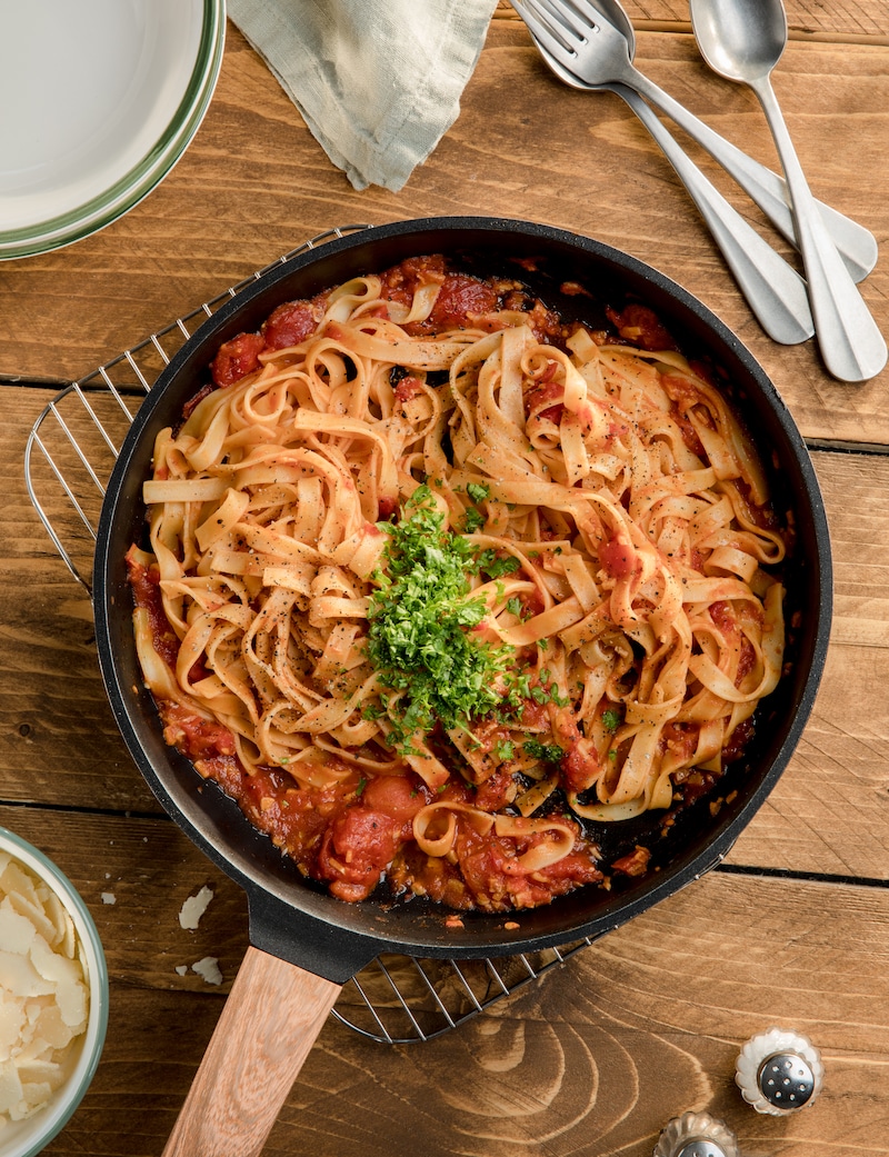 Auf diesem Bild siehst du unsere fertigen Tagliatelle all'arrabiata.