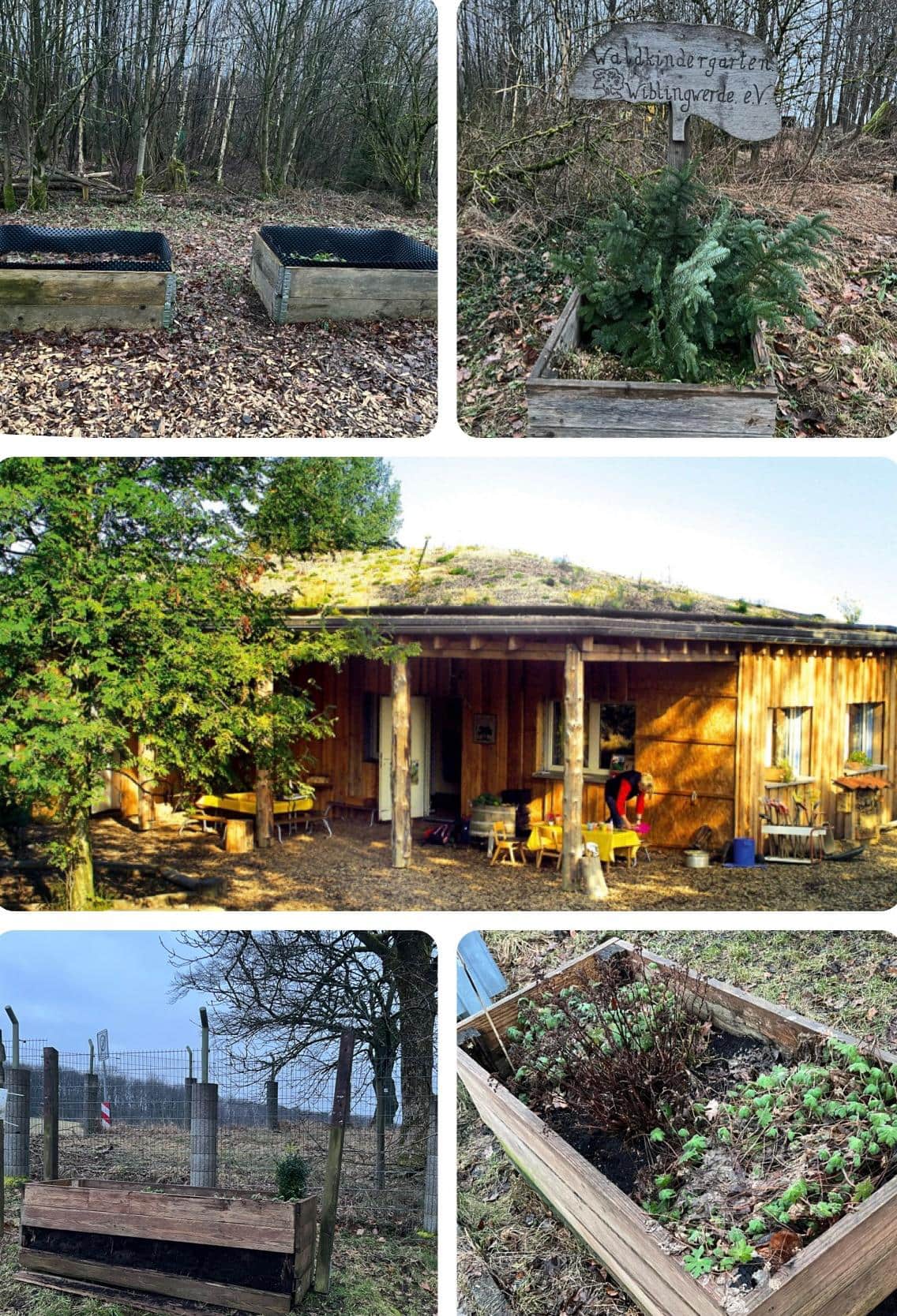 Bilder vom Gelände mit Beeten und einer Huette