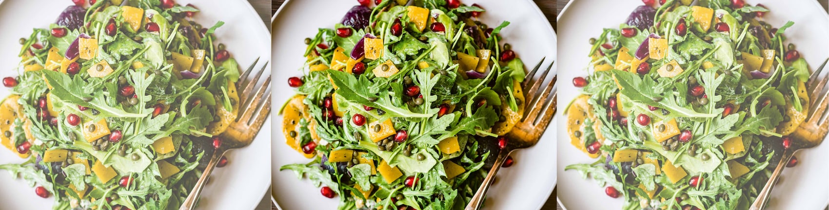 Salat mit geröstetem Butternut Rucola, Linsen und Granatapfelkernen