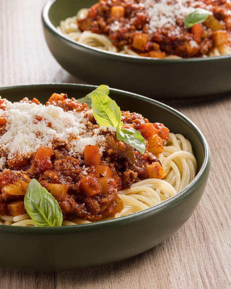 Dieses Bild zeigt die fertigen Spaghetti Bolognese.