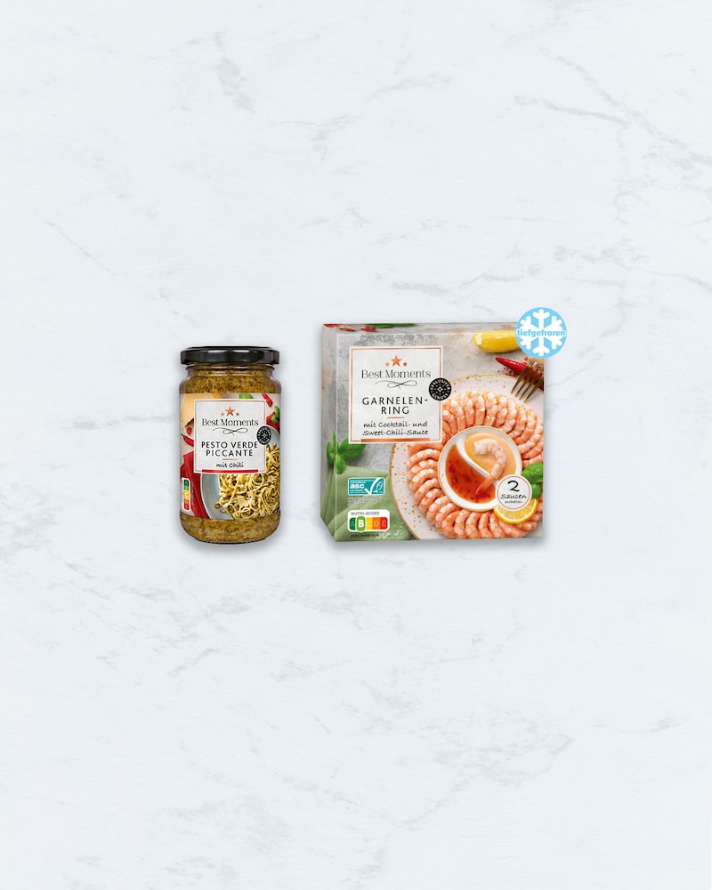 Dieses Bild zeigt das Pesto Verde Piccante und den Garnelen-Ring.