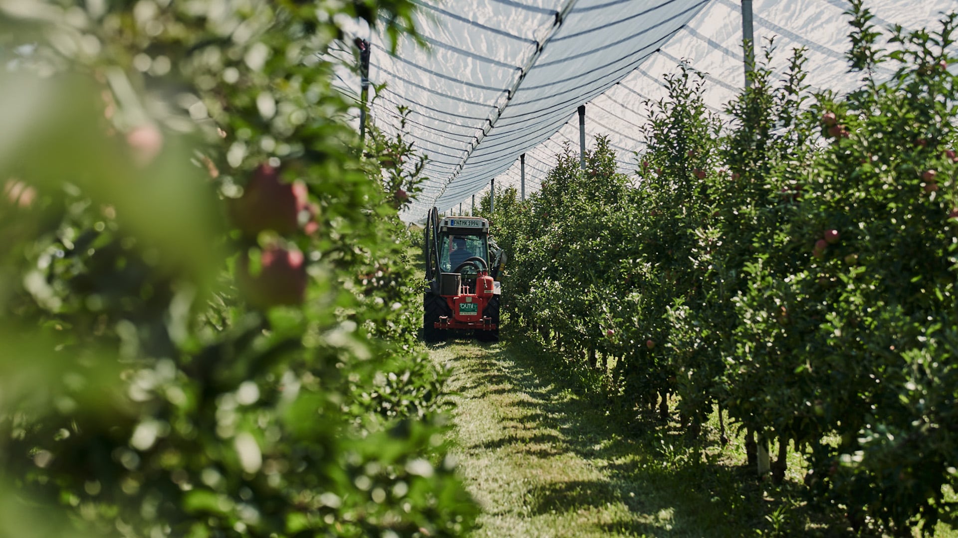 Bernhard und Michael Katzenmaier stehen neben einem Hubwagen, auf dem viele Apfelkisten liegen. Im Hintergrund sehen wir ihren Obsthof.