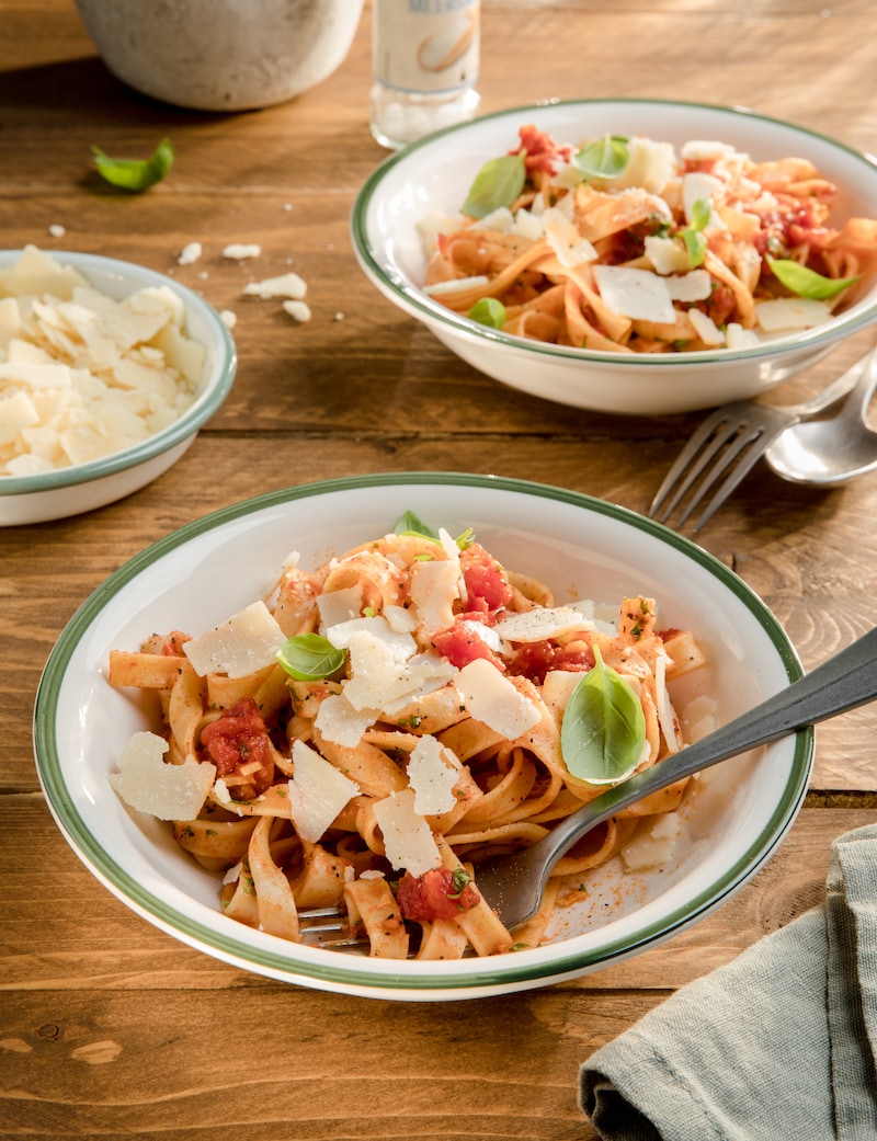 Auf diesem Bild siehst du unsere fertigen Tagliatelle all'arrabiata.