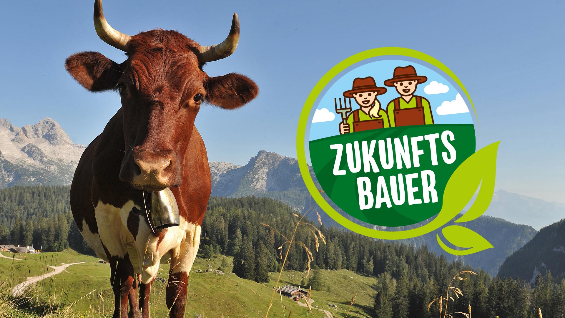 Kuh vor Bergen mit Zukunftsbauer-Störer