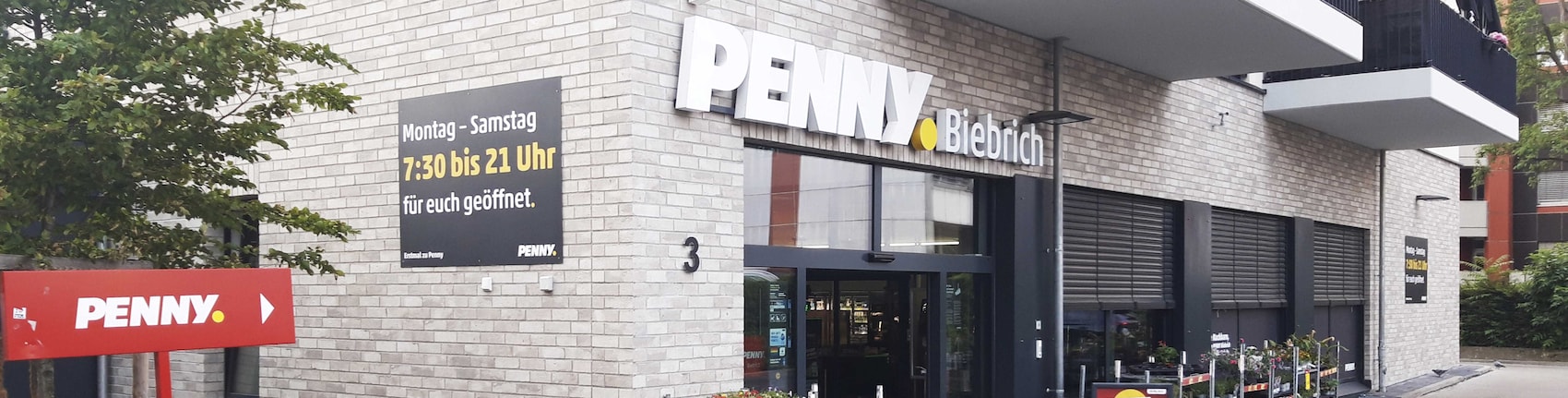 Sie sehen den Eingang vom Penny Markt in Wiesbaden, Rudolf-Dyckerhof- Strasse 3
