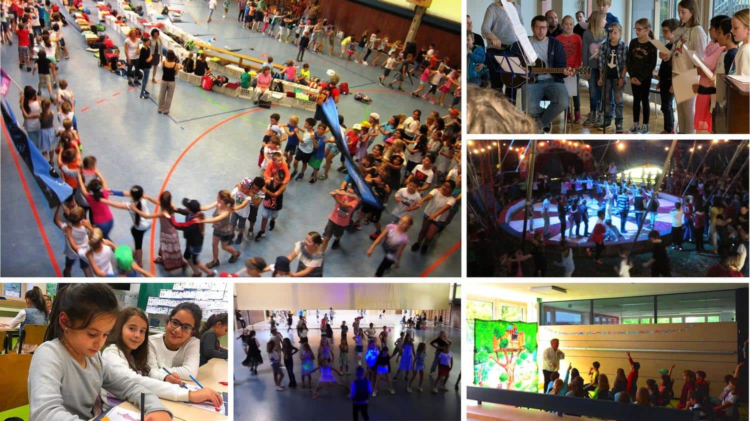 Collage von Kinder beim Spielen, Tanzen und Musizieren