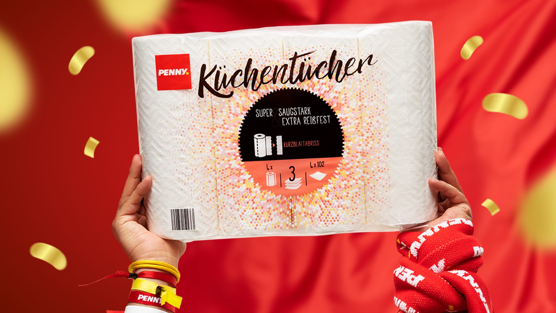 Fan-Hand mit PENNY Küchentüchern