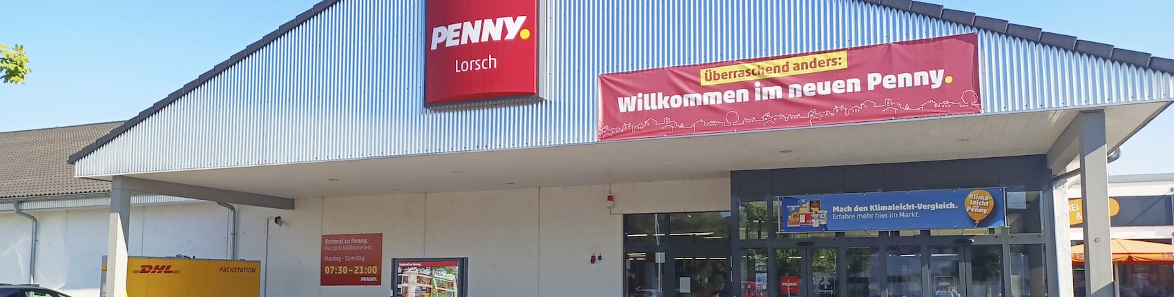 Sie sehen den Eingang vom Penny Markt in Lorsch, Hirschstr. 85