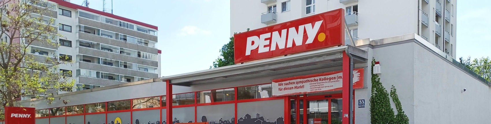 Sie sehen den Eingang vom Penny Markt in Muenchen/Sendling-Westpark Konrad-Celtis-Str. 33a