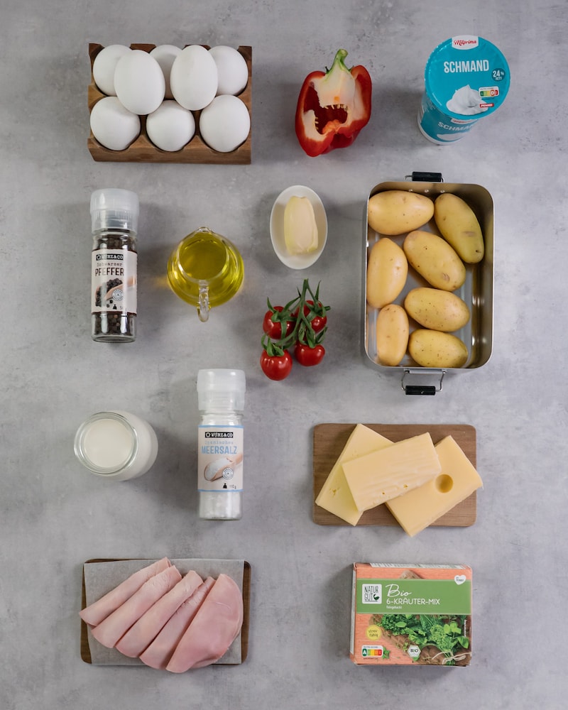 Auf diesem Bild siehst du alle Zutaten für unsere Ofentortilla.