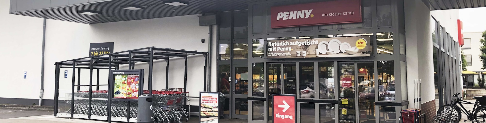 Sie sehen den Eingang vom Penny Markt Kamp – Lintfort Moerser Str. 51-59