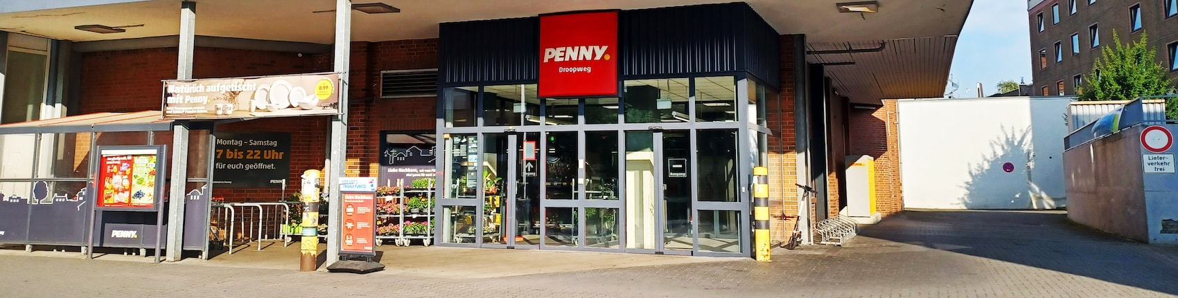 Sie sehen den Eingang vom Penny Markt in Hamburg, Droopweg 25