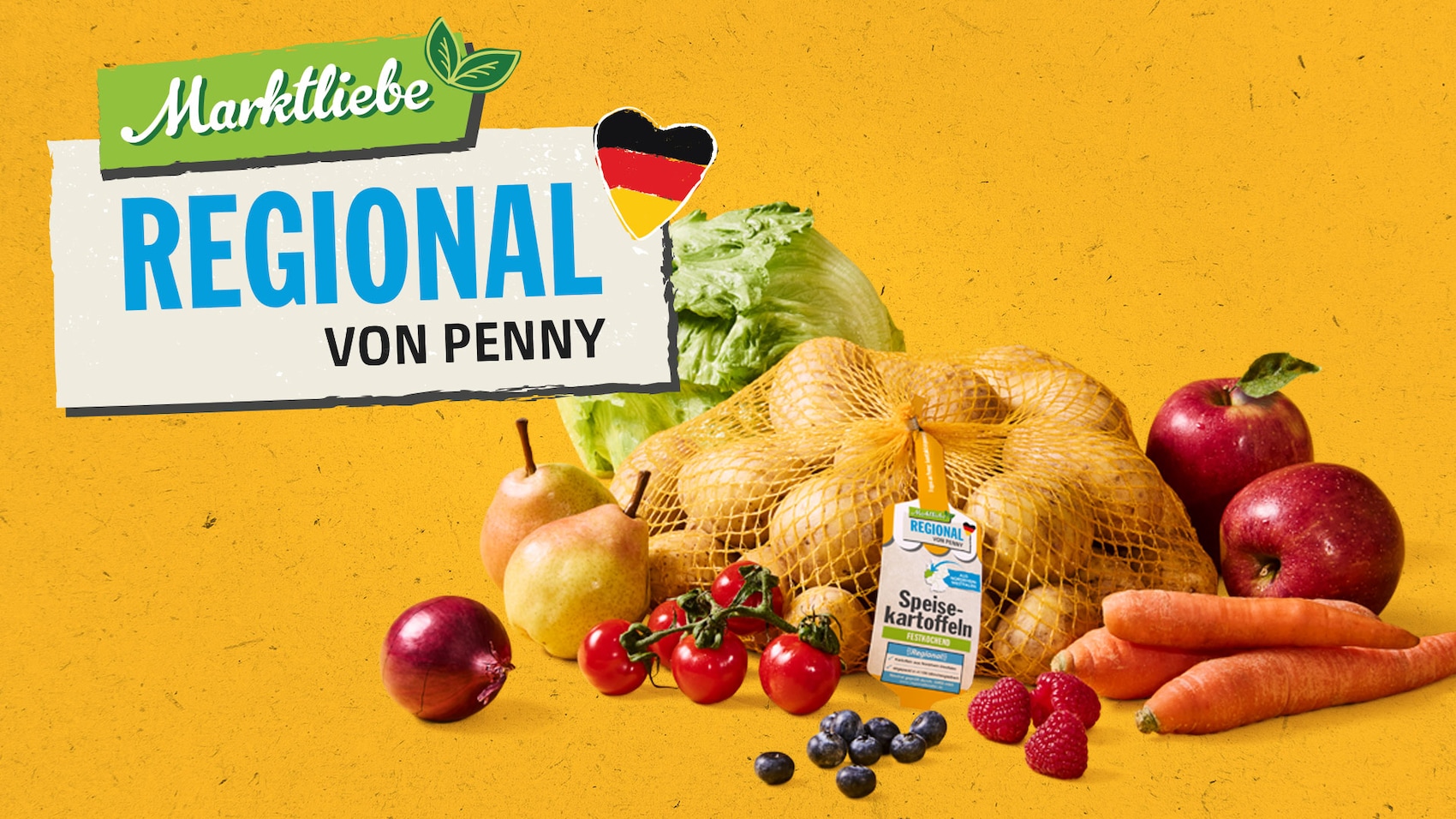 Das Marktliebe Regional Logo vor einer Range mit regionalem Obst und Gemüse, darunter Karotten, Äpfel, Kartoffeln und Salat.