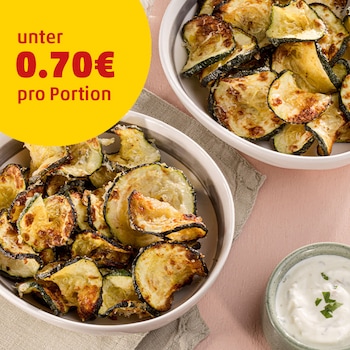 Dieses Bild zeigt die fertigen Zucchini Chips am Spieß.