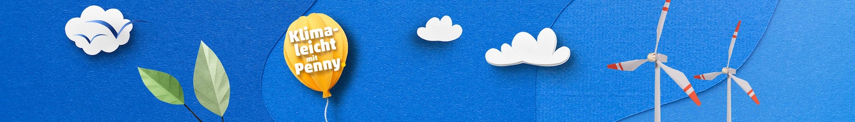 Wolken, Blätter, das "Klimaleicht mit Penny" Logo, Wolken und Windräder vor blauem Hintergrund.