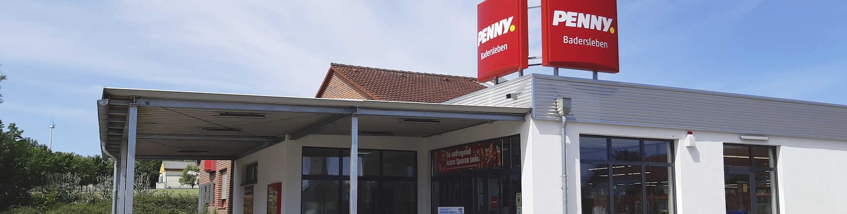 Sie sehen den Eingang vom Penny Markt in Badersleben, Albert-Klaus-Str. 1