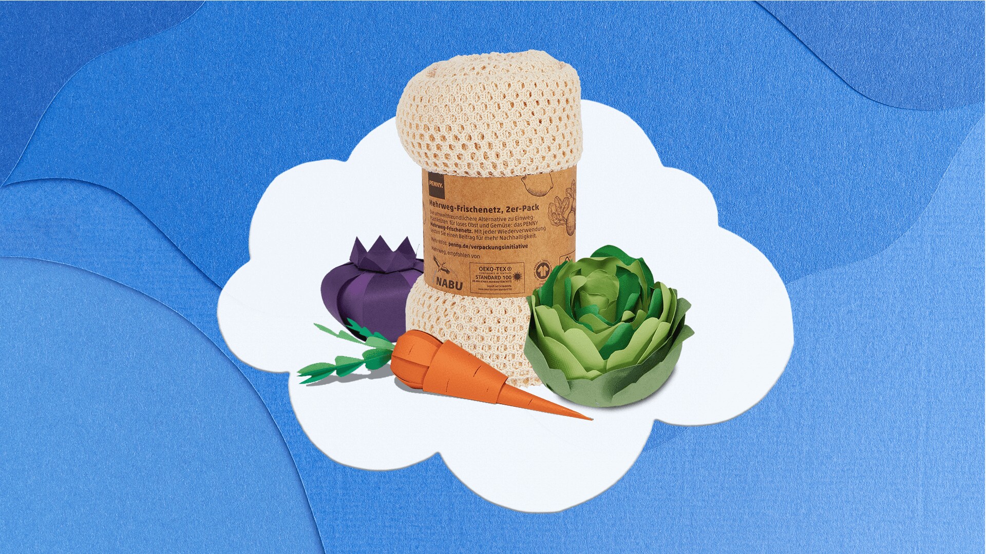 Mehrweg-Frischenetz mit Papier-Gemüse vor Wolke