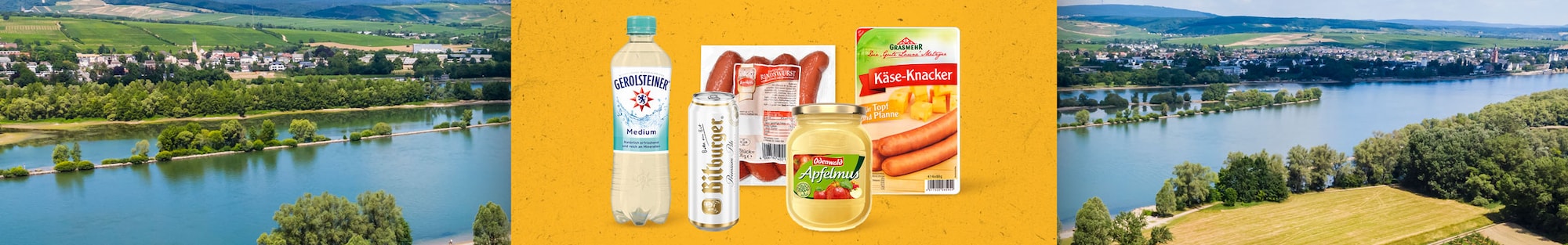 Eine Range mit regionalen Produkten aus dem schönen Südwesten zum Beispiel Apfelmus, Gerolsteiner Wasser oder Käse Knacker, vor einer Fluß-Landschaft im Südwesten. 