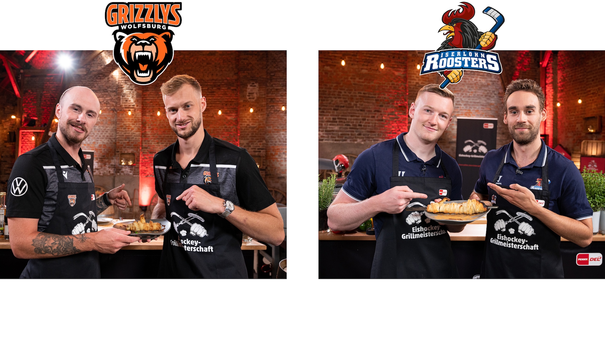Dieses Bild zeigt jeweils zwei Profis von den Grizzleys Wolfsburg  und Iserlohn Roosters mit ihren fertigen Zimt-Striezeln vom Grill.