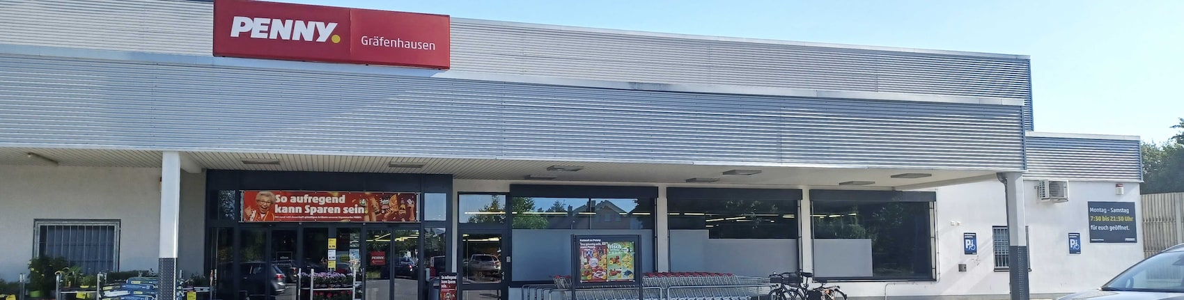 Sie sehen den Eingang vom Penny Markt in Weiterstadt-Gräfenhausen, Schneppenhäuser Str. 21a