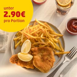 Das Bild zeigt das Lieblingsrezept von Eishockeyspieler Simon Sezemsky: Schnitzel mit Pommes.