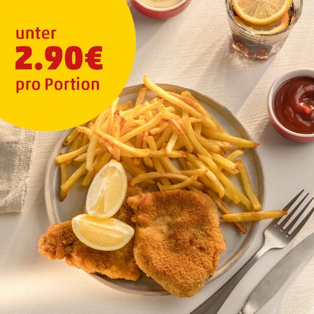 Das Bild zeigt das Lieblingsrezept von Eishockeyspieler Simon Sezemsky: Schnitzel mit Pommes.