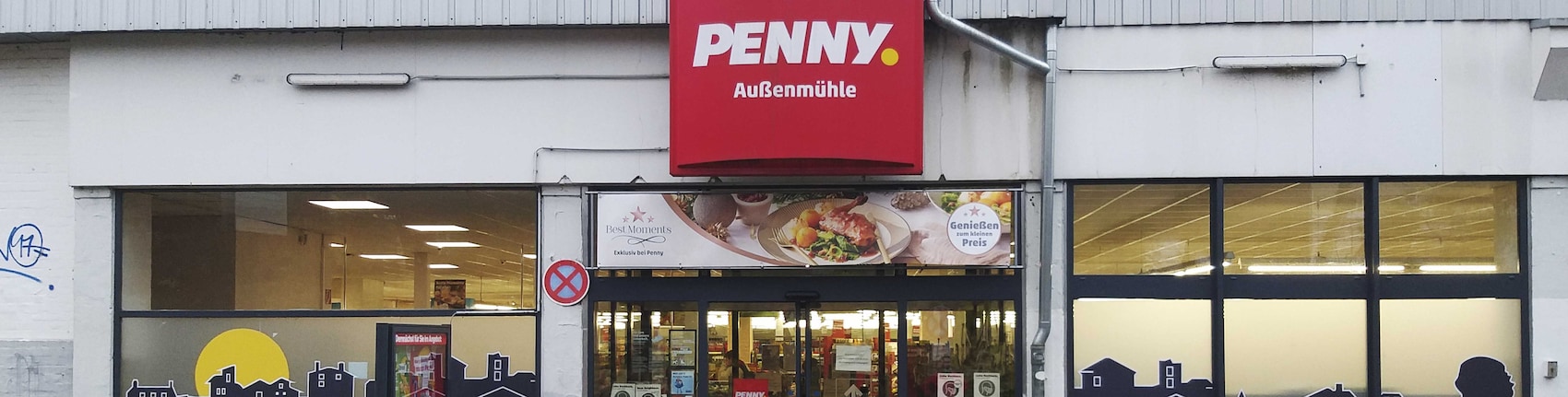 Sie sehen den Eingang vom Penny Markt in Hamburg/Harburg, Aussenmuehlenweg 10