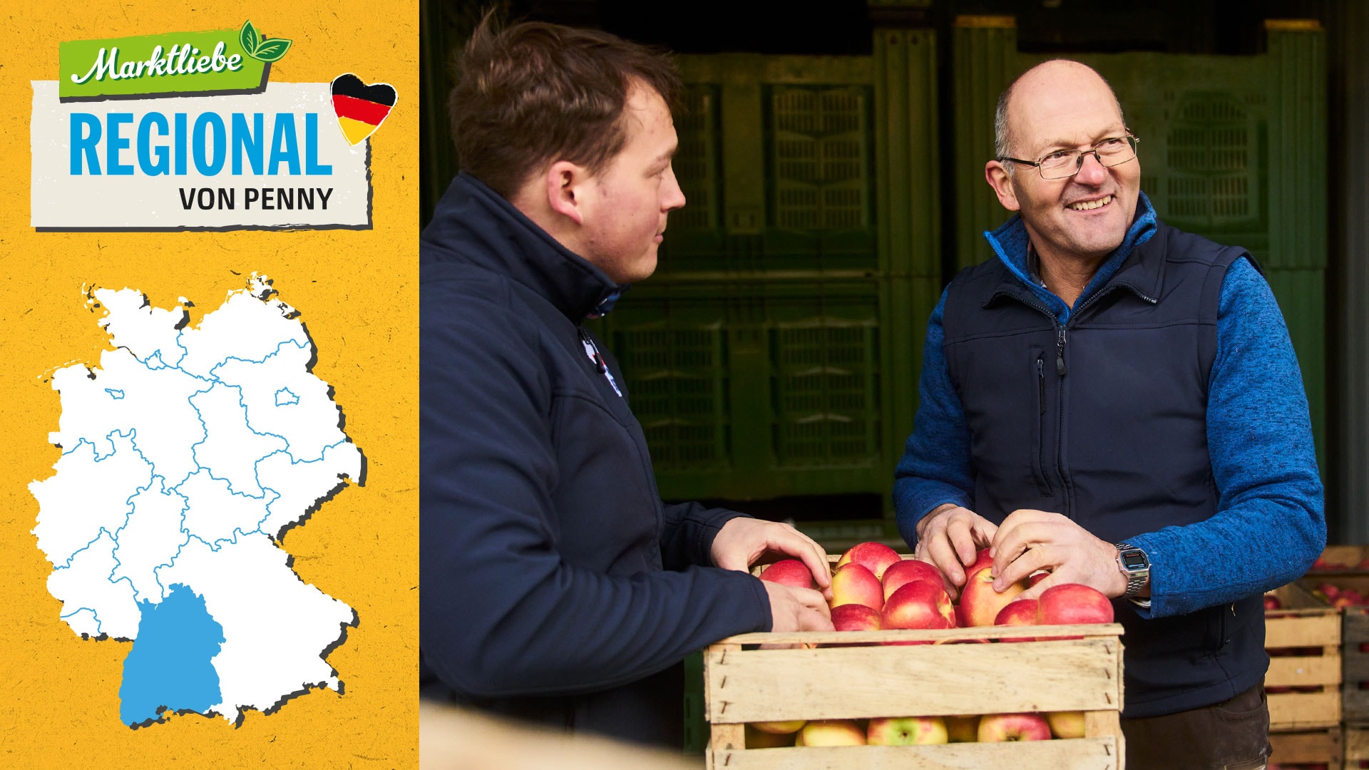 Bernhard und Michael Katzenmaier stehen neben einer Obstkiste. Daneben sehen wir die Deutschlandkarte, auf der die Region Baden-Württemberg markiert ist.