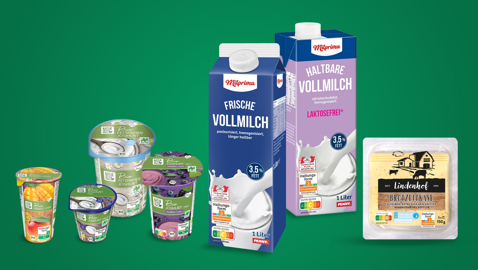Molkereiprodukte von PENNY vor grünem Hintergrund