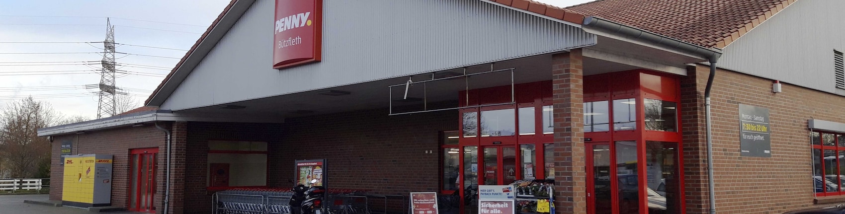 Sie sehen den Eingang vom Penny Markt in Stade-Buetzfleth, Obstmarschenweg 304
