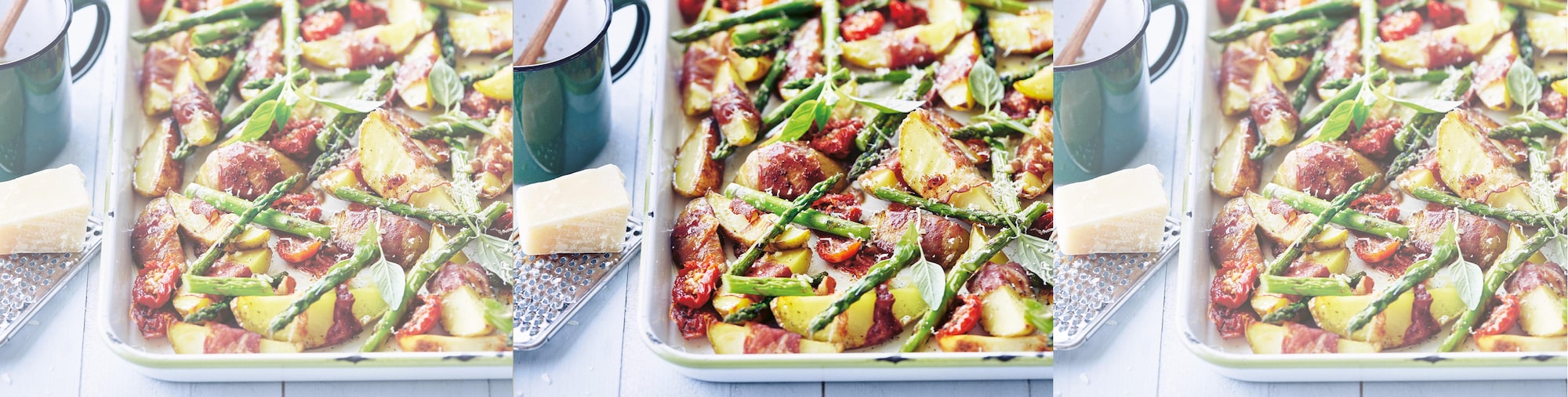 Buntes Spargelblech mit Bacon, Kartoffelspalten und getrockneten Tomaten