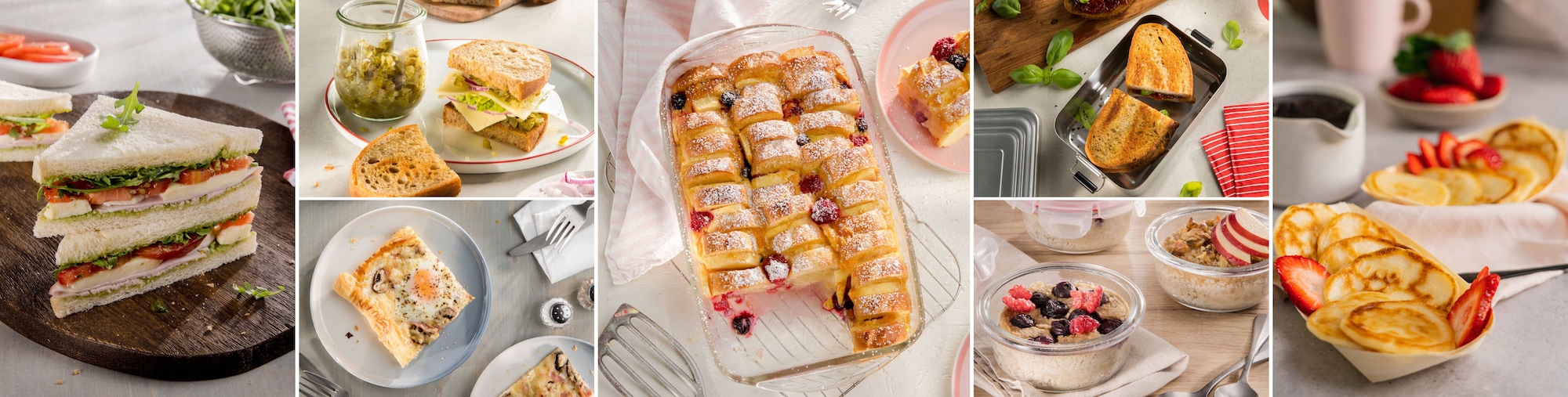 Collage aus Frühstücksgerichten, die gut transportiert werden können