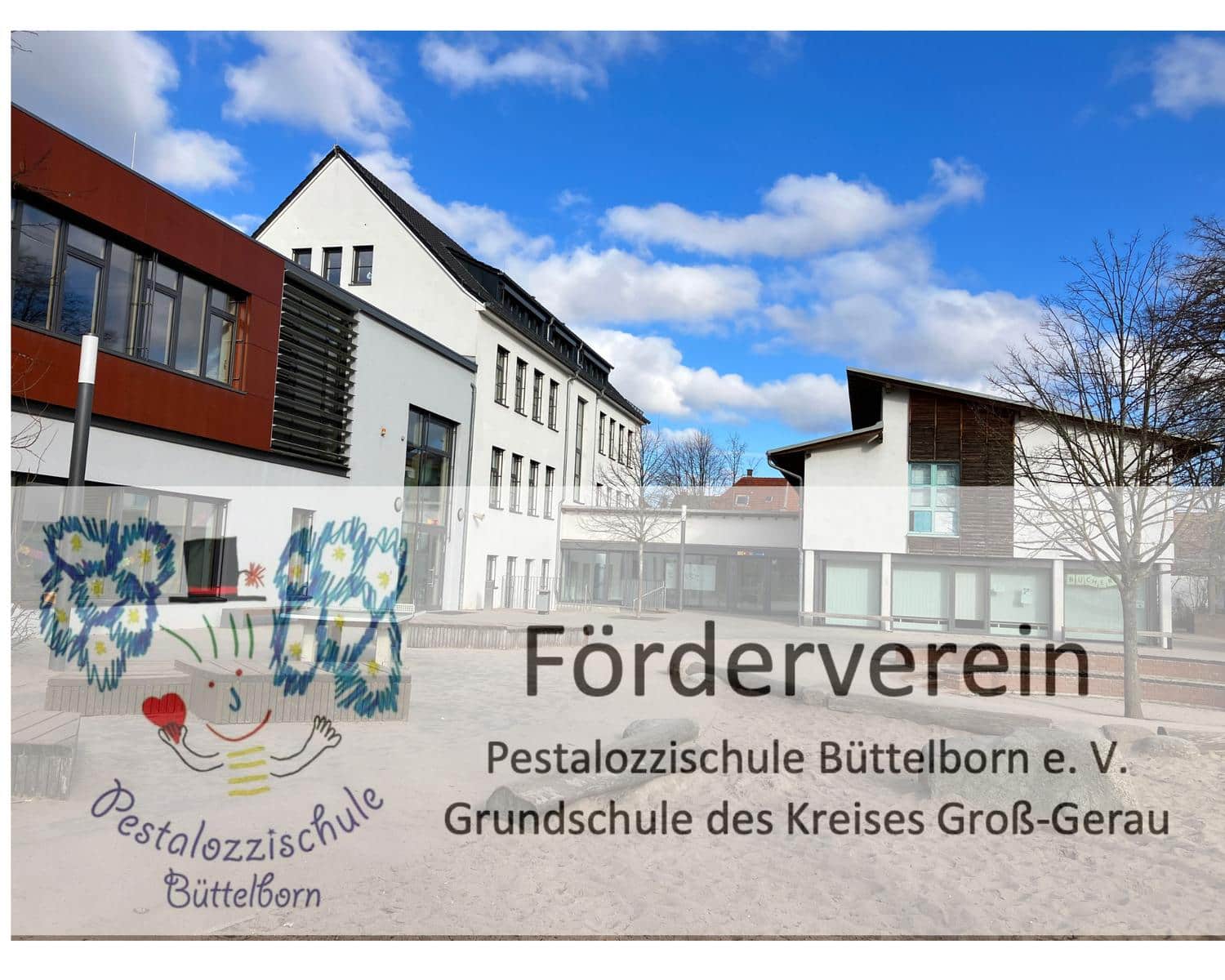 Vereinslogo mit dem Schulgebaeude im Hintergrund