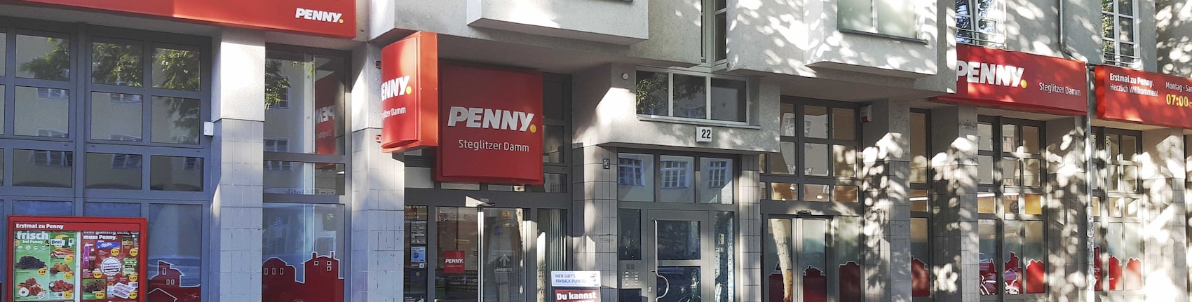 Sie sehen den Eingang vom Penny Markt in Berlin/Steglitz Steglitzer Damm 18-22